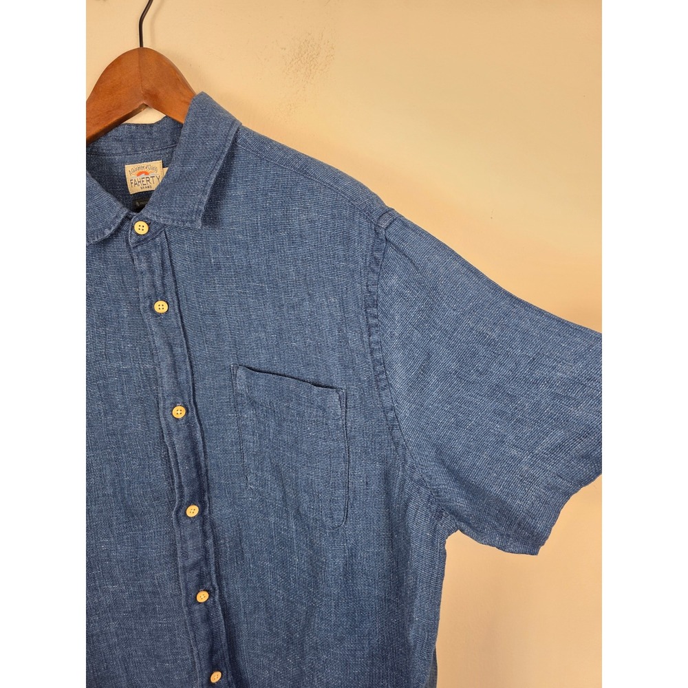 Faherty Mens Indigo Dyed Linen Short Sleeve Button Down Shirt Blue L MWS2344-IGB - Picture 3 of 6